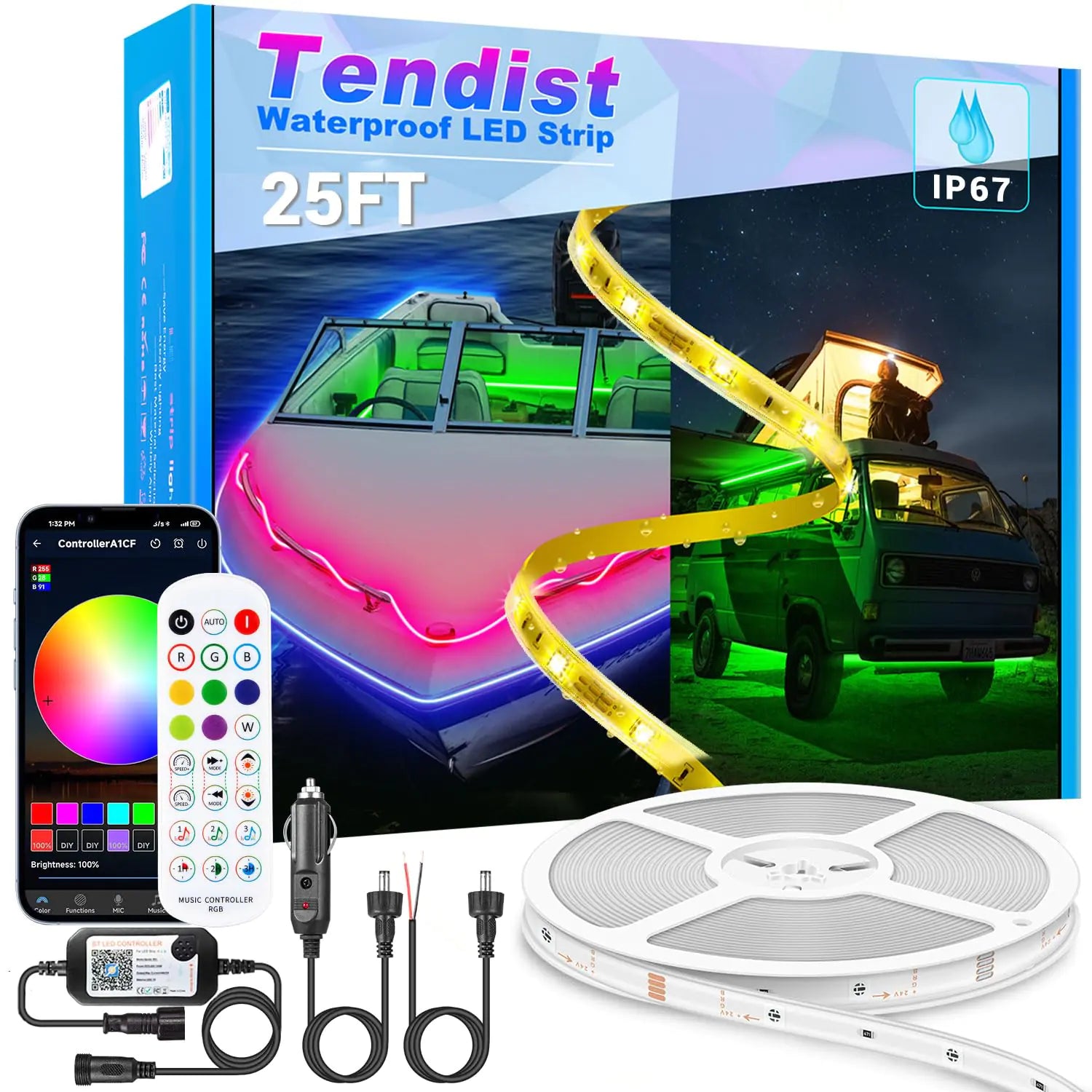 Tira de Luces LED para Barco TENDIST 25FT IP67 Control por Aplicación RGB 12V Impermeable Luz Interior de Barco Iluminación para Pesca Nocturna en Bote Bass Kayak Jon Boat Deck