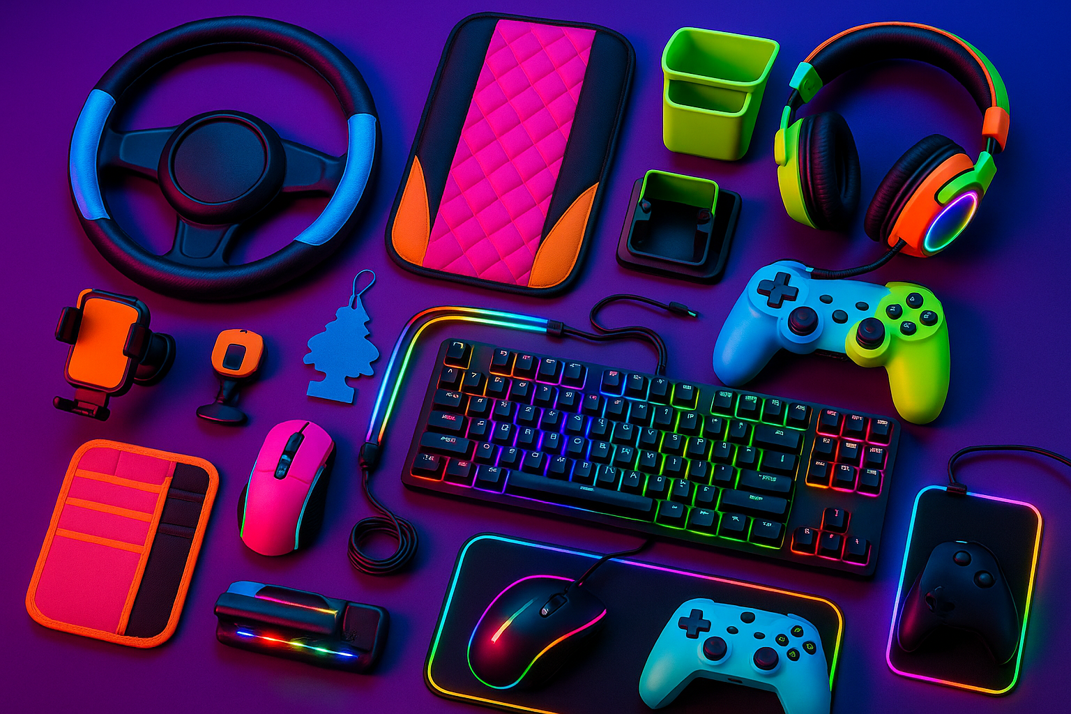 una imagen donde salgan accesoriuos e implemetos para coches y gaming con colore llamativos